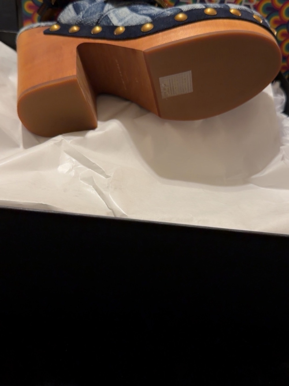 Kurt Geiger Denim Studded Wooden Clogs with Gold Accents and Matching Purse - Picture 6 of 7